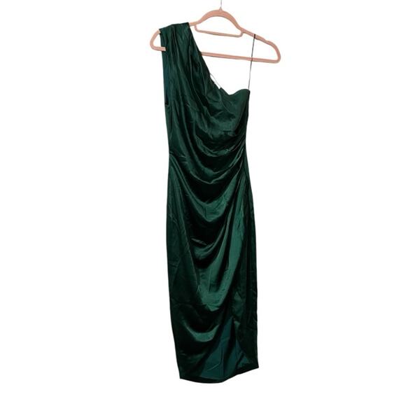 Elliatt One Shoulder Satin Dress with Leg Slit Emerald Green Size XS Cocktail - Picture 4 of 6